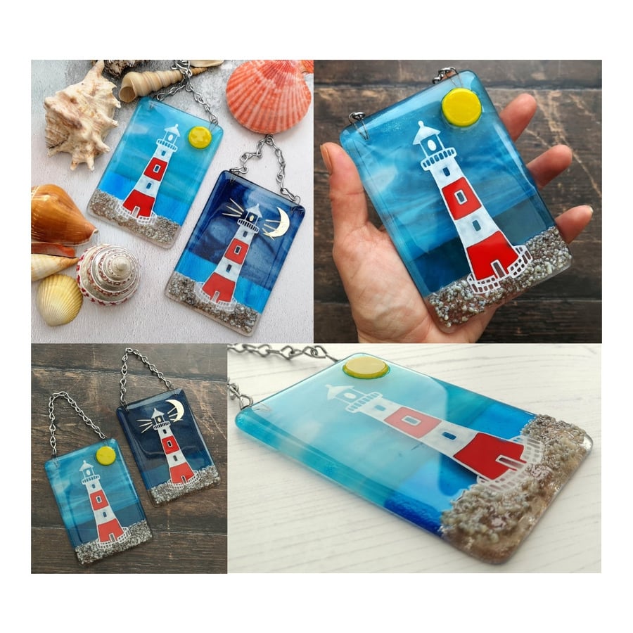 Handmade Fused Glass Lighthouse Hanging Picture - Suncatcher - Beach Gift