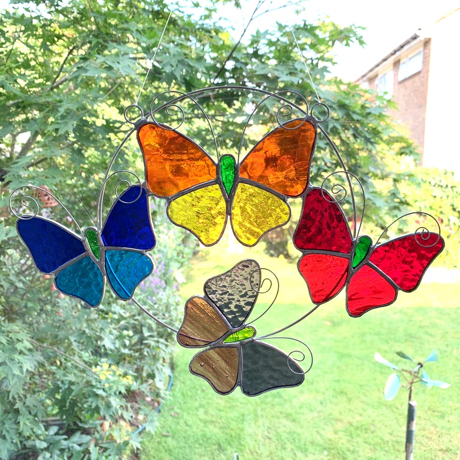 Stained Glass Butterfly Ring - Handmade Hanging Decoration - Multi