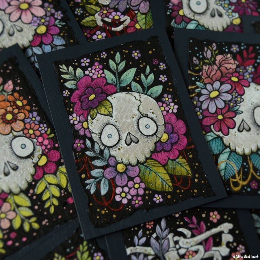 bony botanical skull - original aceo