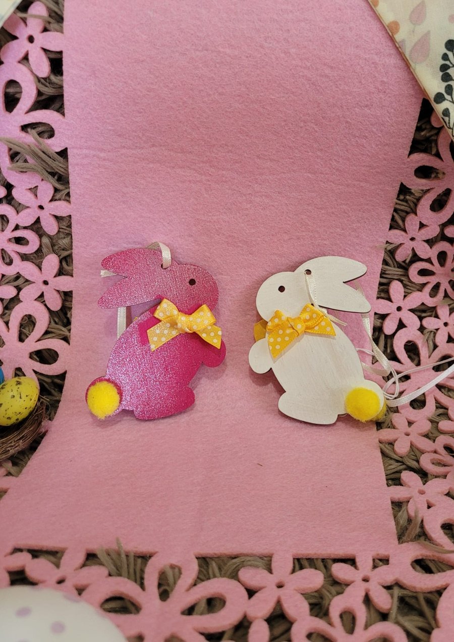 Set of Two Hand Decorated Easter Bunny Wooden Shapes - White and Pink
