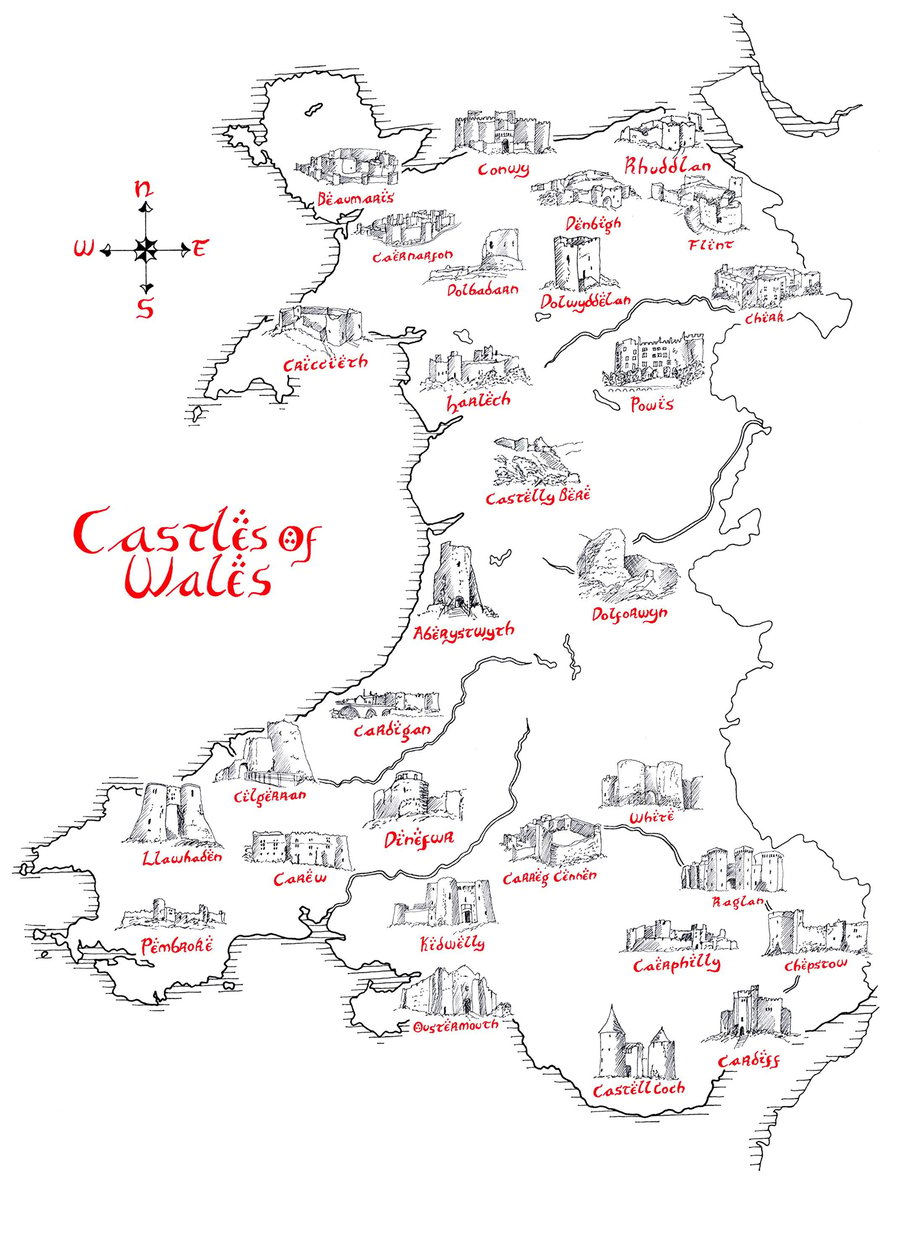 Map of the Castles of Wales Hand Drawn Tolkien Style Map Artwork