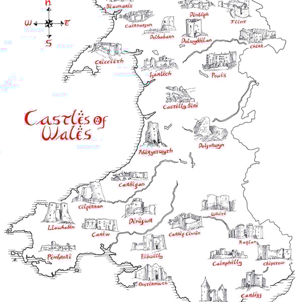 Map of the Castles of Wales Hand Drawn Tolkien Style Map Artwork