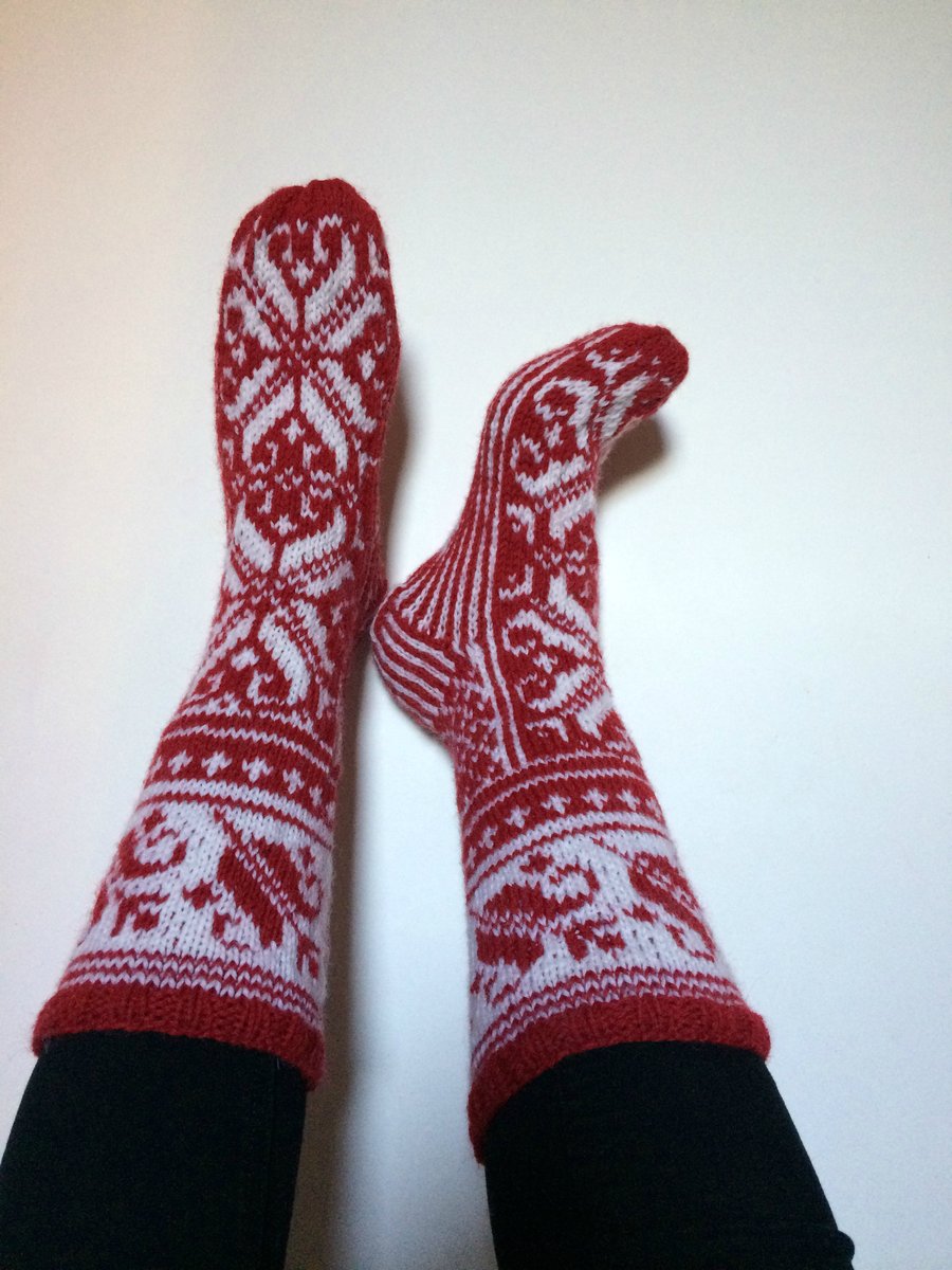 Hand-knitted Red White Wool Socks Scandinavian Floral Christmas