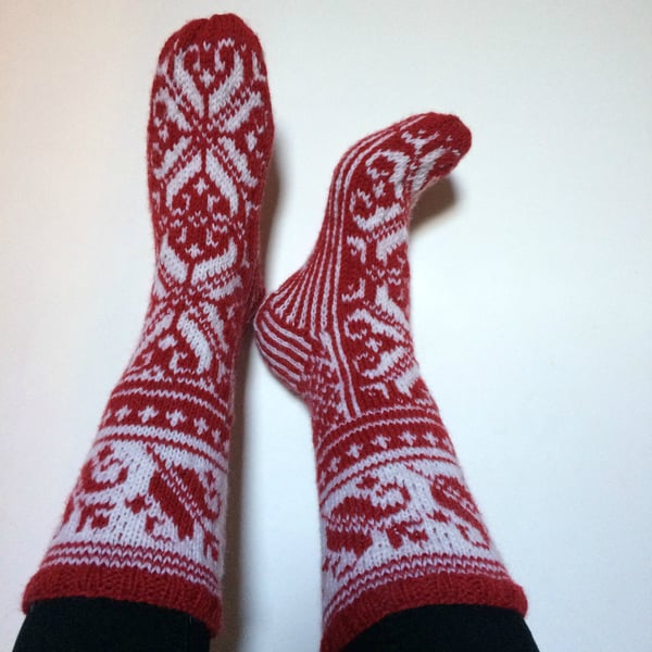 Hand-knitted Red White Wool Socks Scandinavian Floral Christmas