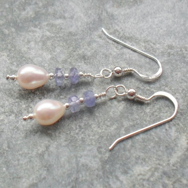 Sterling Silver Freshwater pearl and Tanzanite Earrings