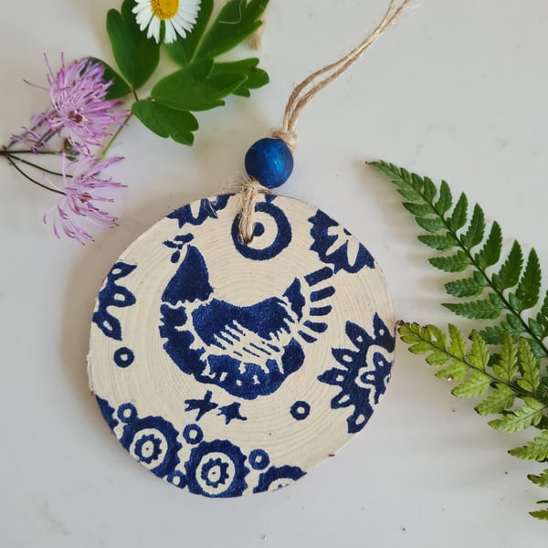 Blue and white hen wood slice hanging decoration Emma Bridgewater home decor