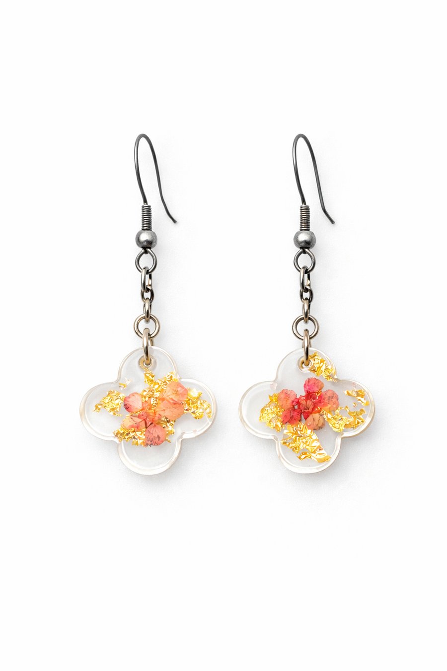Tiny Faded Pink Flower Resin Earrings with Gold Leaf – Lightweight Dangle