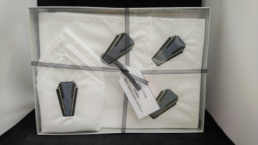 Napkins  Art Deco Embroidered Design Set of 4 in Presentation Box
