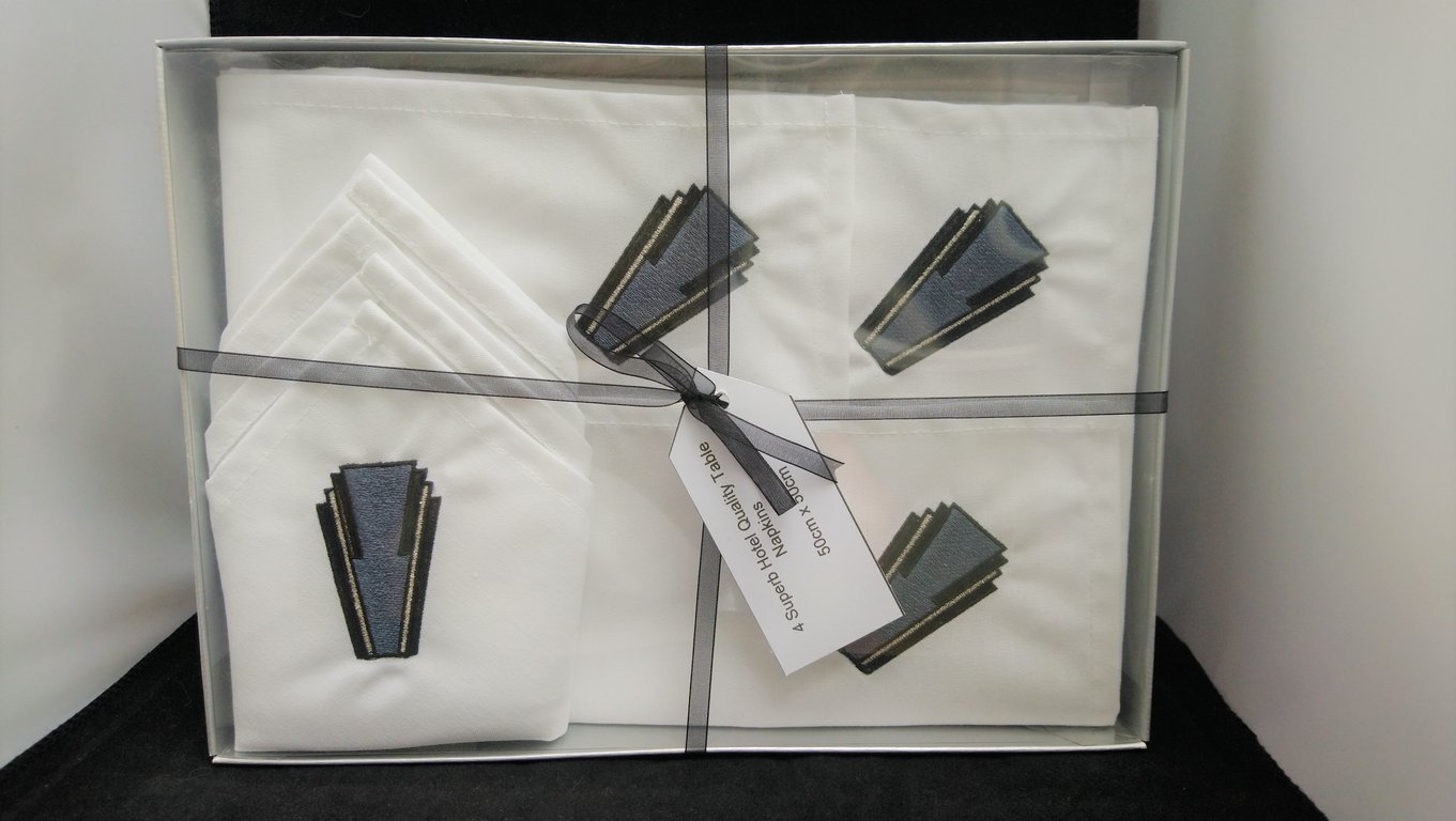 Napkins  Art Deco Embroidered Design Set of 4 in Presentation Box