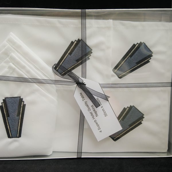  Art Deco Design Embroidered Napkins Set of 4 in Presentation Box