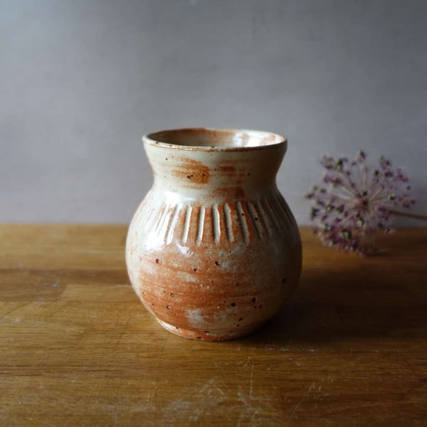 Wheel thrown Handmade Vase - Orange and Cream Fluted vase