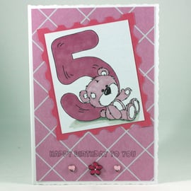 Pink 5th Birthday card with cute teddy - message inside can be personalised