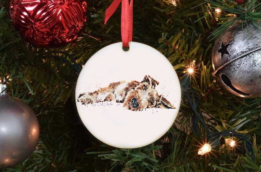 Irish Terrier Assorted Ceramic Circle Tree Decoration. Irish Terrier Xmas Tree D