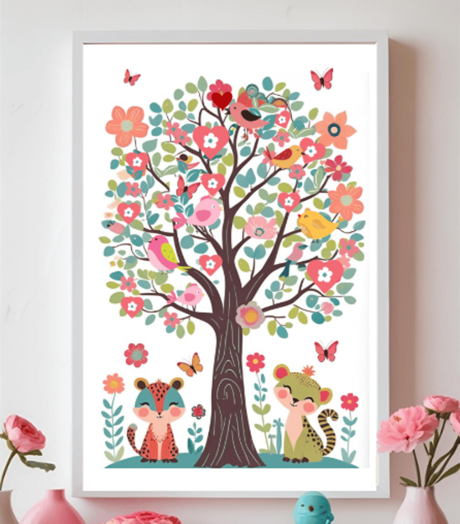 Wall Art Print – A4 Unframed –  Tree & Animal Theme 
