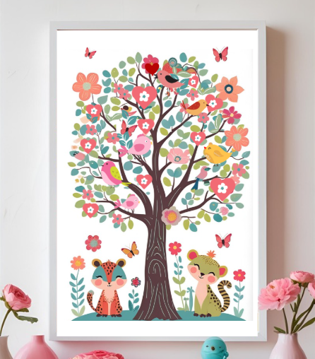 Wall Art Print – A4 Unframed –  Tree & Animal Theme 