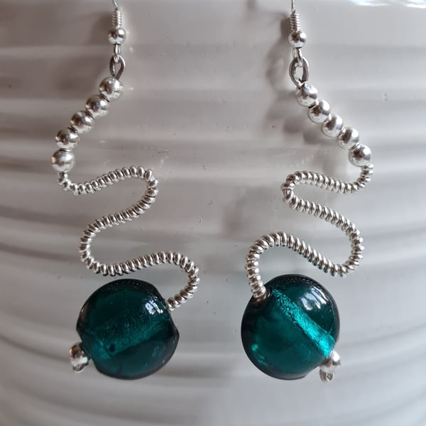 Handmade Large 925 Silver Teal Green Glass Dangle Statement Earrings Gift Boxed