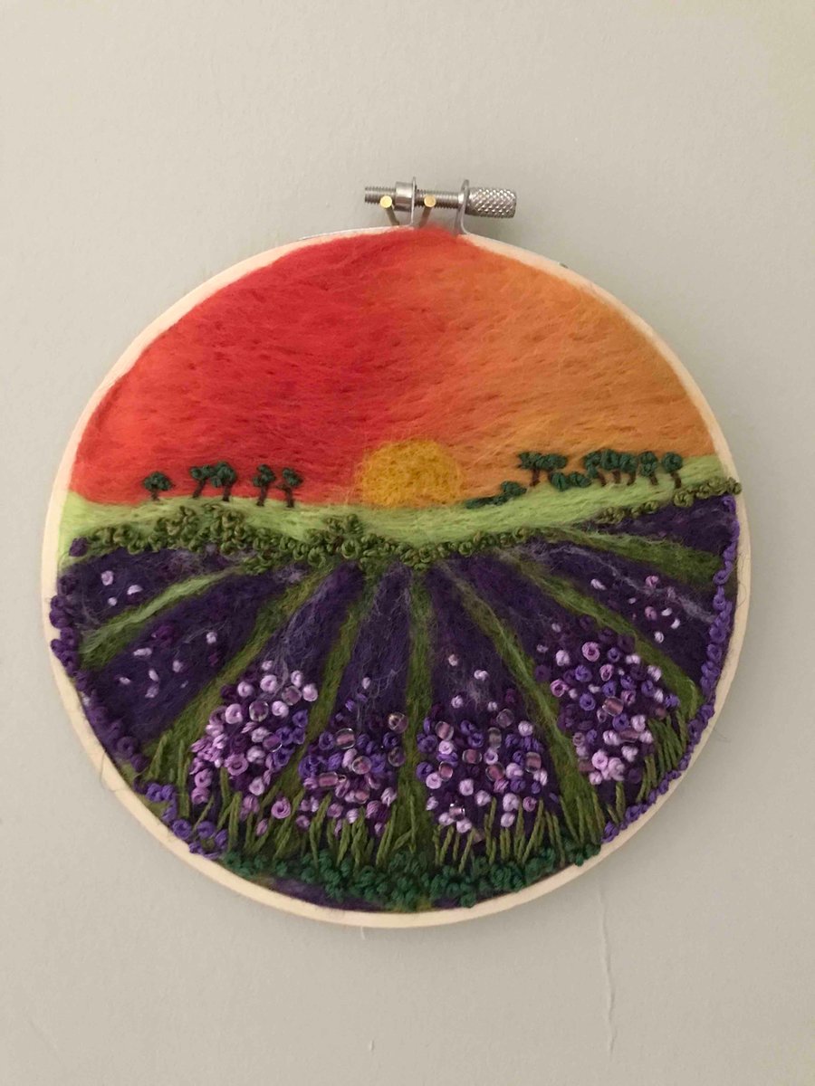 Hoop artwork-needle felted-sunset-landscape-embroidery 