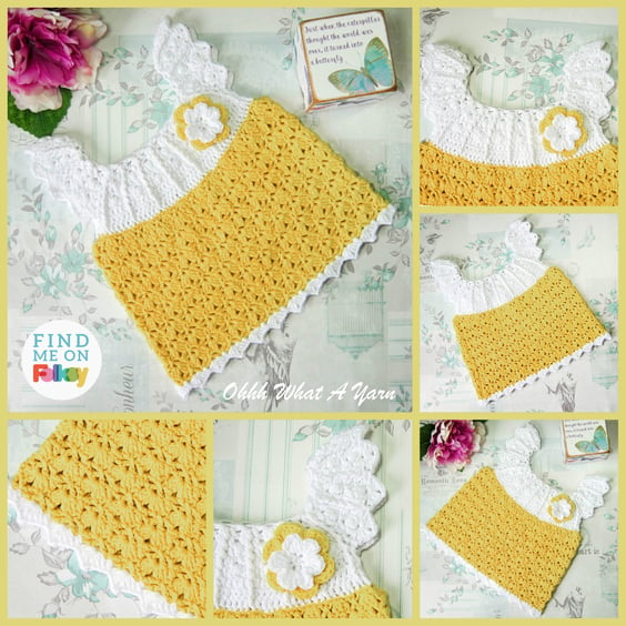 Yellow and white crochet baby dress. Crochet dress. Baby sun dress. 0-3 months