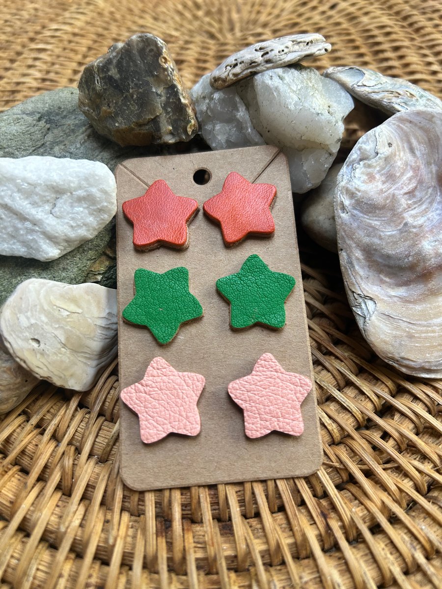 Set of three leather star earrings 