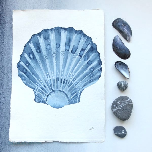 Original scallop painting in blue and white coastal shell collection series