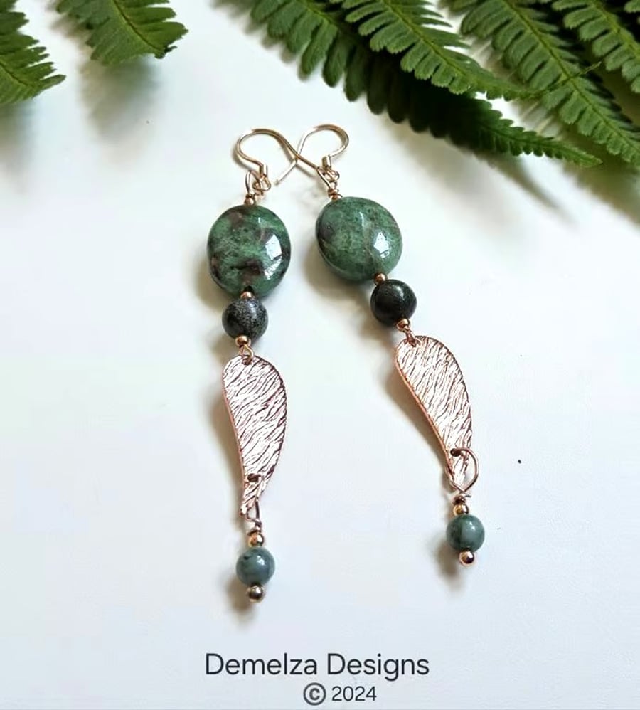 Designer Fancy Jasper, Jadeite Rose Gold Vermeil Sterling Silver Earrings