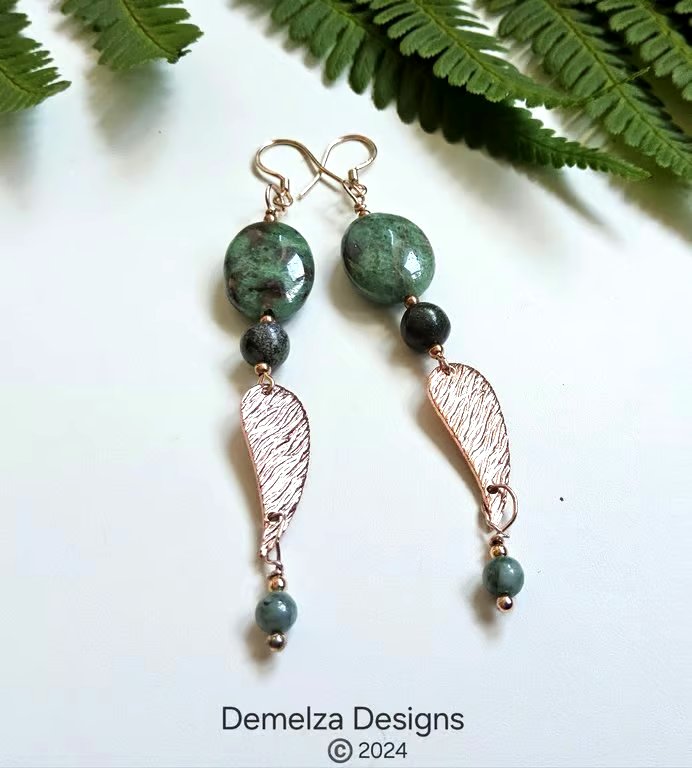 Designer Fancy Jasper, Jadeite Rose Gold Vermeil Sterling Silver Earrings