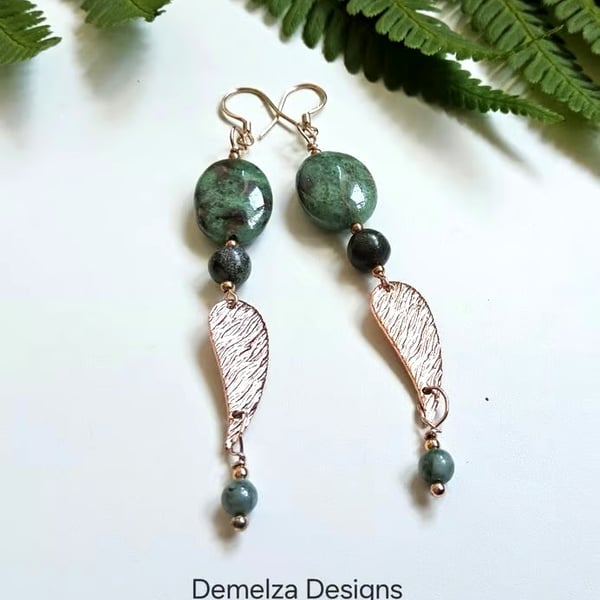 Designer Fancy Jasper, Jadeite Rose Gold Vermeil Sterling Silver Earrings