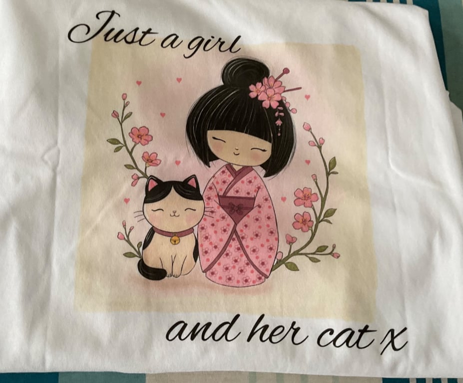Just a Girl and Her Cat T-Shirt - White Organic Cotton - Whimsical Cat Lover Gif