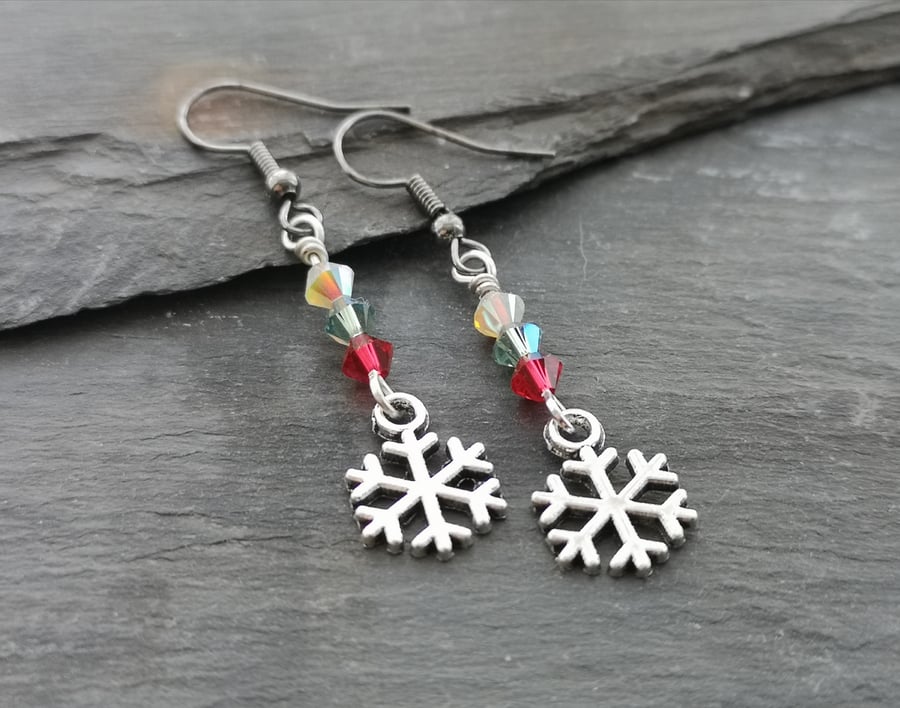 Christmas snowflake and Swarovski crystal earrings, red, gold and green