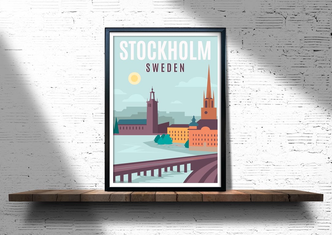 Stockholm retro travel poster, Stockholm city print, Sweden travel art