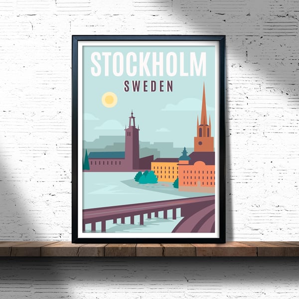Stockholm retro travel poster, Stockholm city print, Sweden travel art