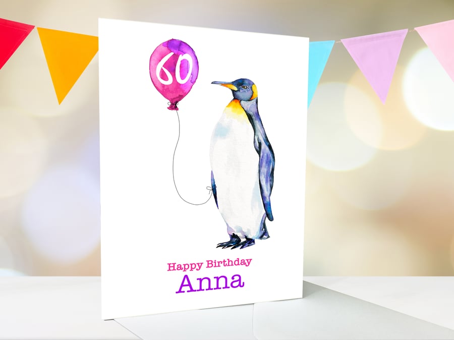 Fun personalised penguin birthday card, premium quality, 1st, 10th, 18th, 40th
