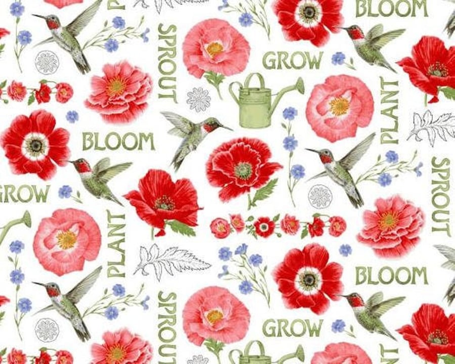 Fat Quarter Poppy Meadows Poppies And Humming Birds 100% Cotton Fabric