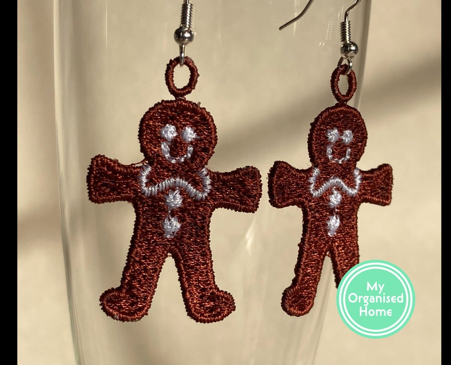 Gingerbread Men embroidered earrings, silver plated hooks (EE002)