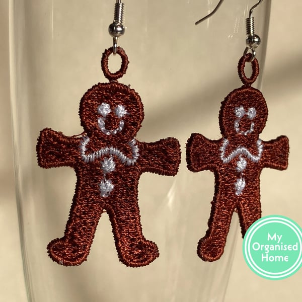Gingerbread Men embroidered earrings, silver plated hooks (EE002)