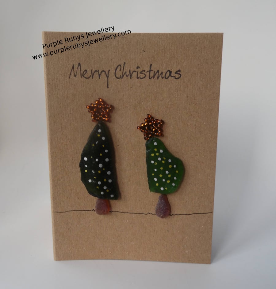 Sea Glass Christmas Trees with Gold & Silver Lights Christmas Card C265