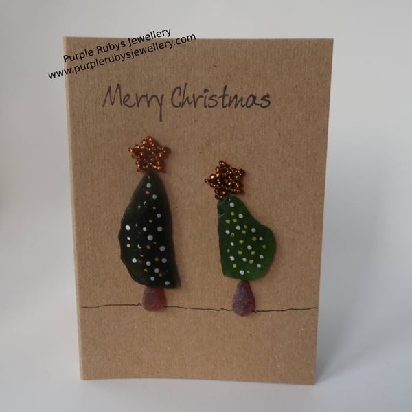 Sea Glass Christmas Trees with Gold & Silver Lights Christmas Card C265