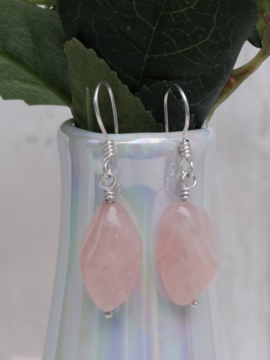 Rose quartz tumble stone amulet earrings