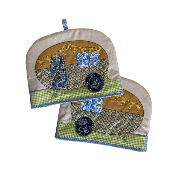 Camper Tea-cosy, Large Caravan Tea cosy,  4-5 Cup Tea gift, Embroidered Tea Cosy