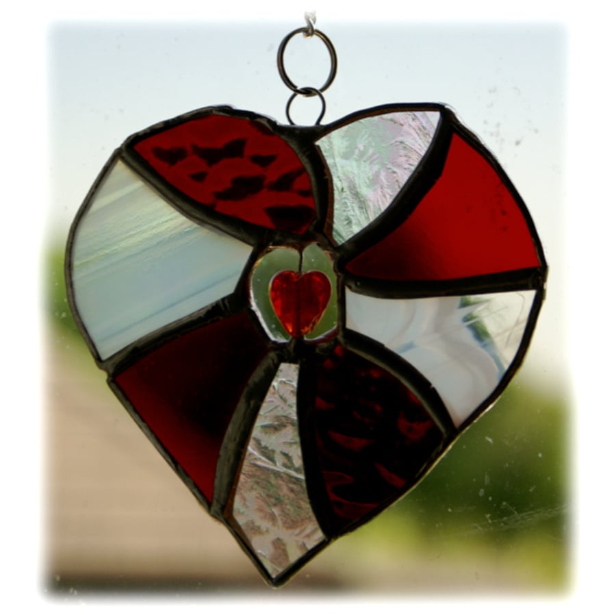 Heart Suncatcher Stained Glass Red and white Valentine Handmade Love