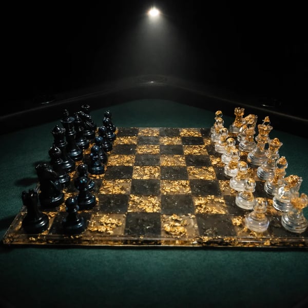 Luxury Resin & Gold Leaf Chess Set – Handcrafted Statement Board with Pieces
