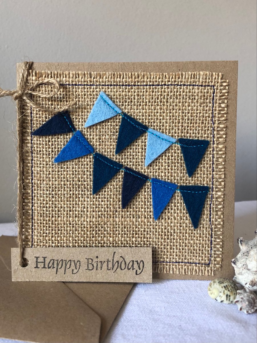 Blue bunting, wool felt, handmade card, Birthday card.