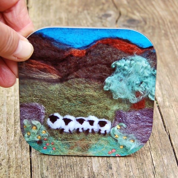 Sheep landscape coaster - taken from my colourful artwork of sheep