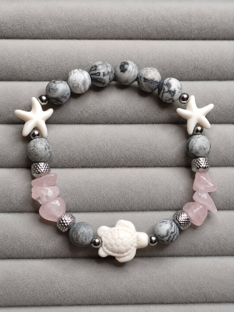 Handmade Jasper & Rose Quartz Bracelet Stainless Steel Turtle Gemstone Bracelet