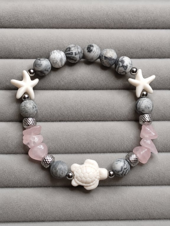 Handmade Jasper & Rose Quartz Bracelet Stainless Steel Turtle Gemstone Bracelet