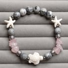 Handmade Jasper & Rose Quartz Bracelet Stainless Steel Turtle Gemstone Bracelet