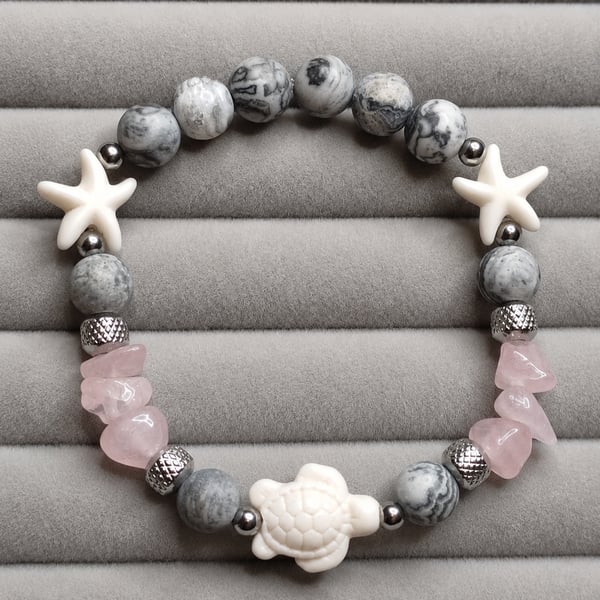 Handmade Jasper & Rose Quartz Bracelet Stainless Steel Turtle Gemstone Bracelet