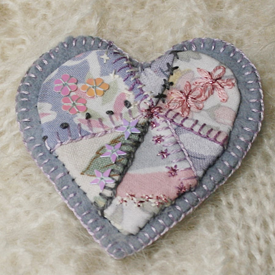 Pastel Patchwork Heart - Embroidered Brooch