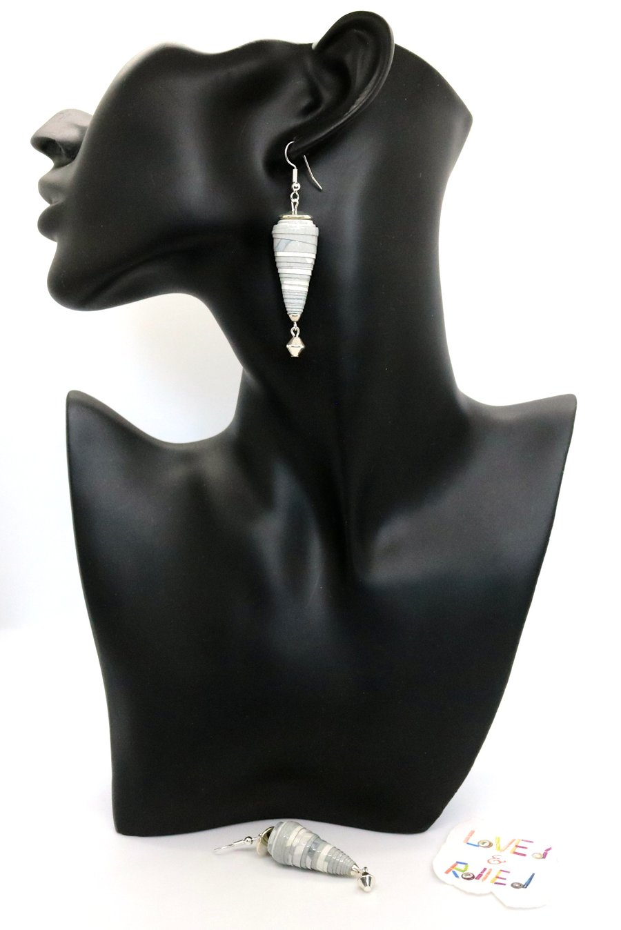 Conical paper beaded grey and silver earrings