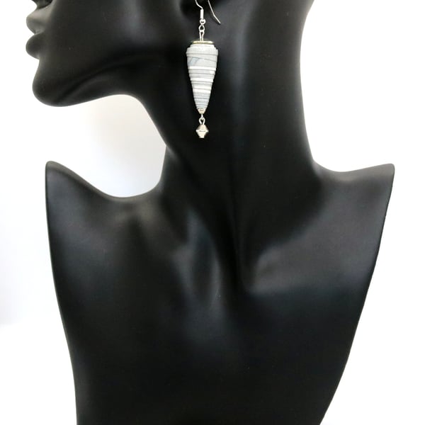 Conical paper beaded grey and silver earrings